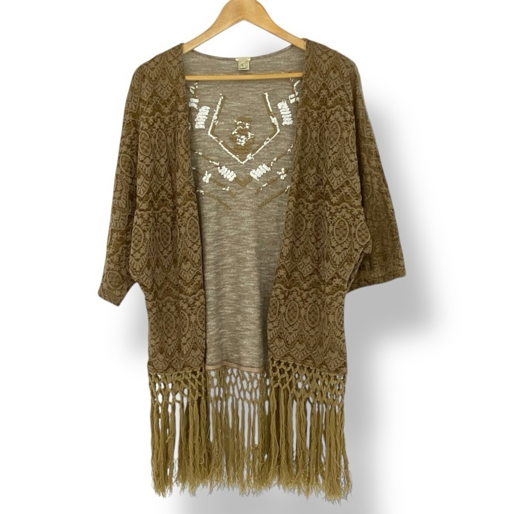 Gimmicks by BKE Brown Boho Fringe Open Southwest Open Front Cardigan Sz large